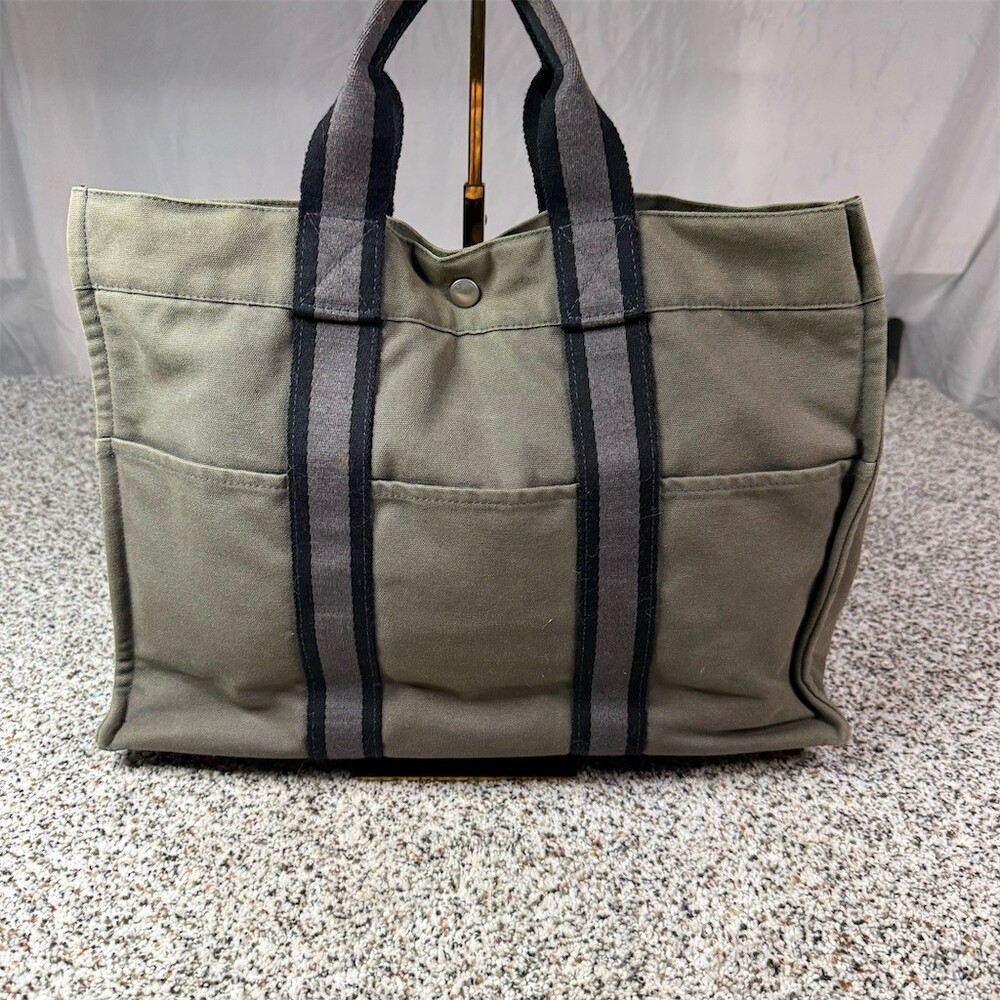 Hermès Fourre Tout Tote Bag Womens Gray Black Striped Double Handles Snap - Picture 14 of 15